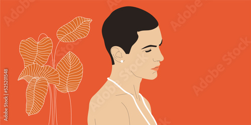 Portrait of a guy with closed eyes. Profile of a young man with necklace and earing. Youth. Vector illustration.