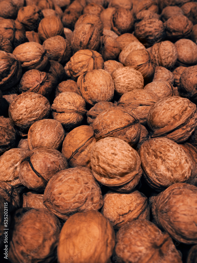 Walnuts. Close up photo. Many nuts in shell in top view Walnuts. Close up photo. Many nuts in shell in top view