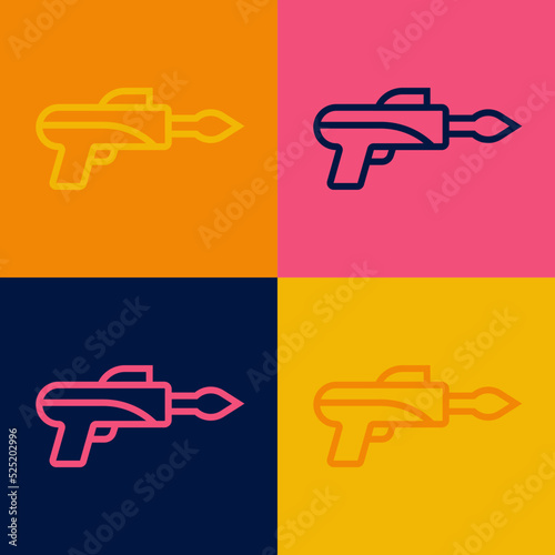 Pop art line Fishing harpoon icon isolated on color background. Fishery manufacturers for catching fish under water. Diving underwater equipment. Vector