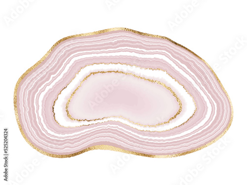 Agate crystal slice print design with mineral texture and gold border isolated on white background.