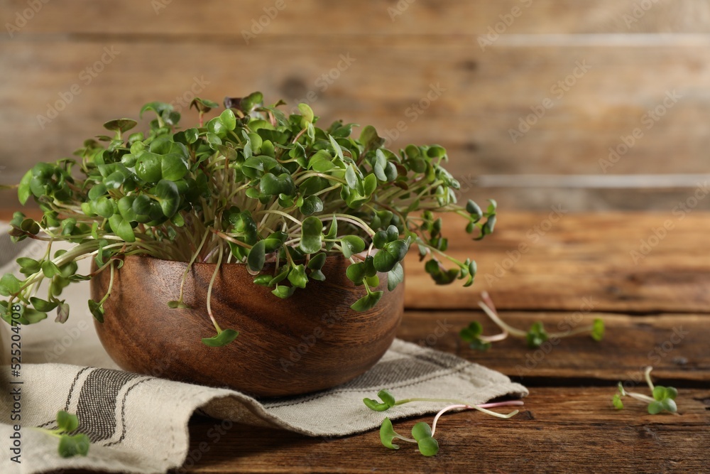 Fresh radish microgreens in bowl on wooden table, space for text Fresh radish microgreens in bowl on wooden table, space for text