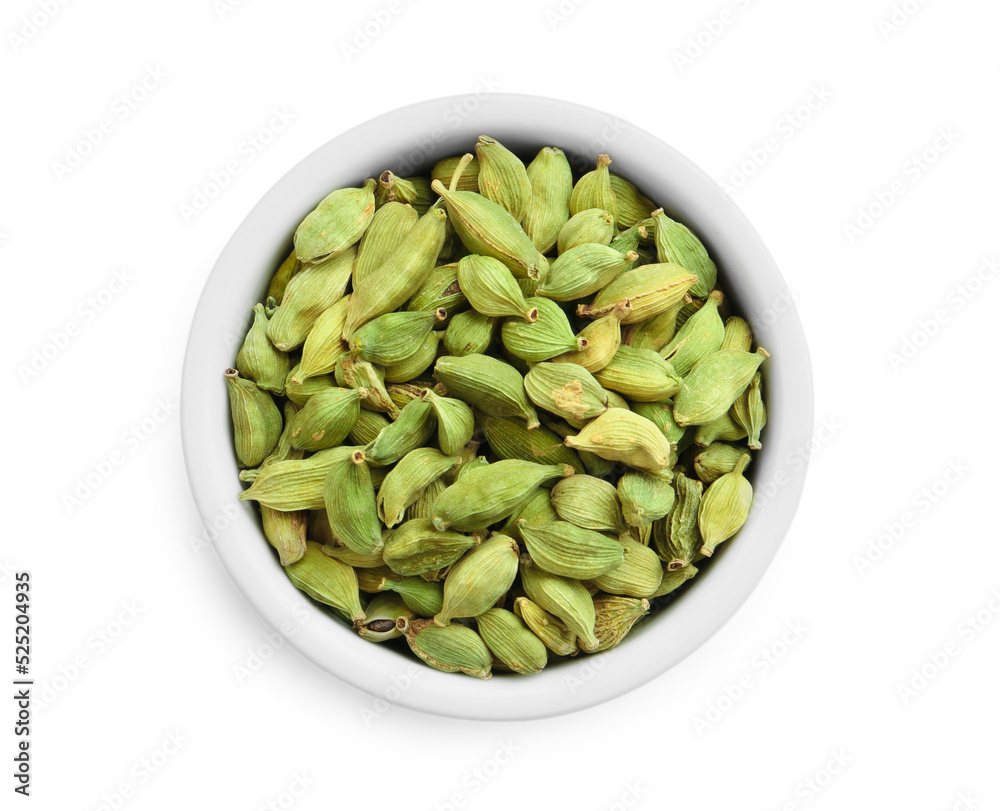 Dry cardamom pods in bowl isolated on white, top view Dry cardamom pods in bowl isolated on white, top view