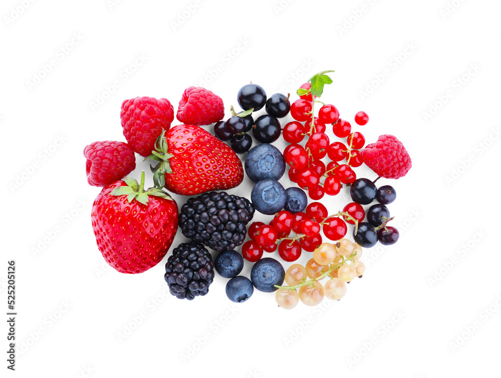 Mix of different fresh berries isolated on white, top view Mix of different fresh berries isolated on white, top view