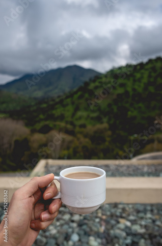 Hand holding a hot latte coffee in a white cup over a blurry background of a landscape with forest, mountains, cloudy sky and a terrace with stones