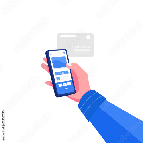 Human right hand holding cellphone by making payment illustration