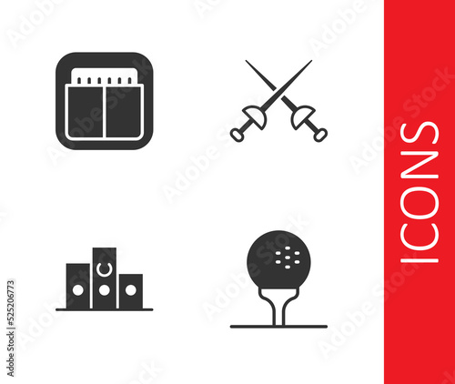 Set Golf ball on tee, Sport mechanical scoreboard, Award over sports winner podium and Fencing icon. Vector