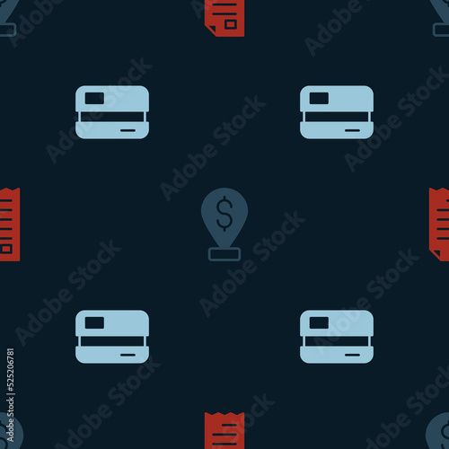 Set Financial check, Cash location pin and Credit card on seamless pattern. Vector