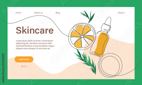 Skin care concept. Landing page template. Morning routine. Bath time. Organic products for scrubbing and body skin care with natural herbal skin care products, top view. Vector illustration