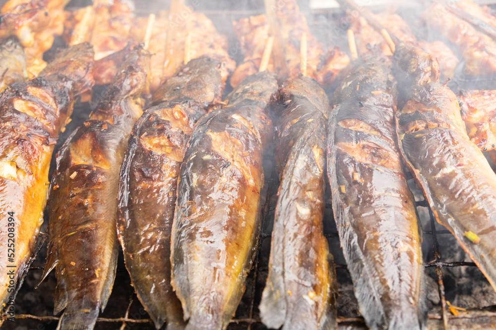 Grilled catfish on charcoal stove. Thai food Grilled catfish on charcoal stove. Thai food