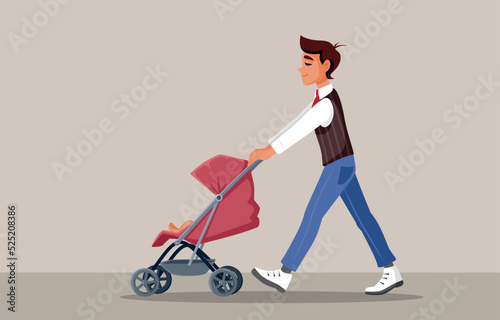 Happy Father Pushing the Stroller Vector Cartoon Illustration. Cool loving dad spending time with his little baby walking outdoors
