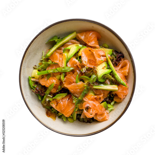 mixed salad with salmon and asparagus isolated on white background top view