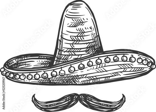 Moustaches and sombrero hat isolated Mexican icons