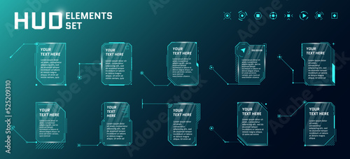 HUD futuristic style callout titles on blue background. Infographic call arrow box bars and modern digital info vertical frame layout templates. Interface FUI and GUI element set. Vector illustration