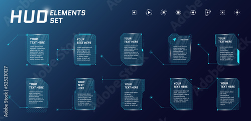HUD futuristic style callout titles on blue background. Infographic call arrow box bars and modern digital info vertical frame layout templates. Hi-tech interface FUI and GUI element set. Vector eps