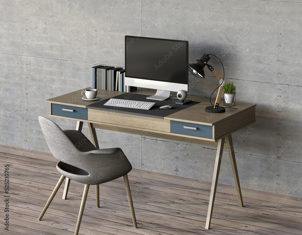 3D render of interior living room workspace with desk and desktop computer 3D render of interior living room workspace with desk and desktop computer