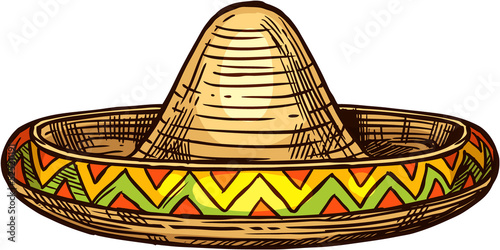 Mexican sombrero cap, vector national hat of straw
