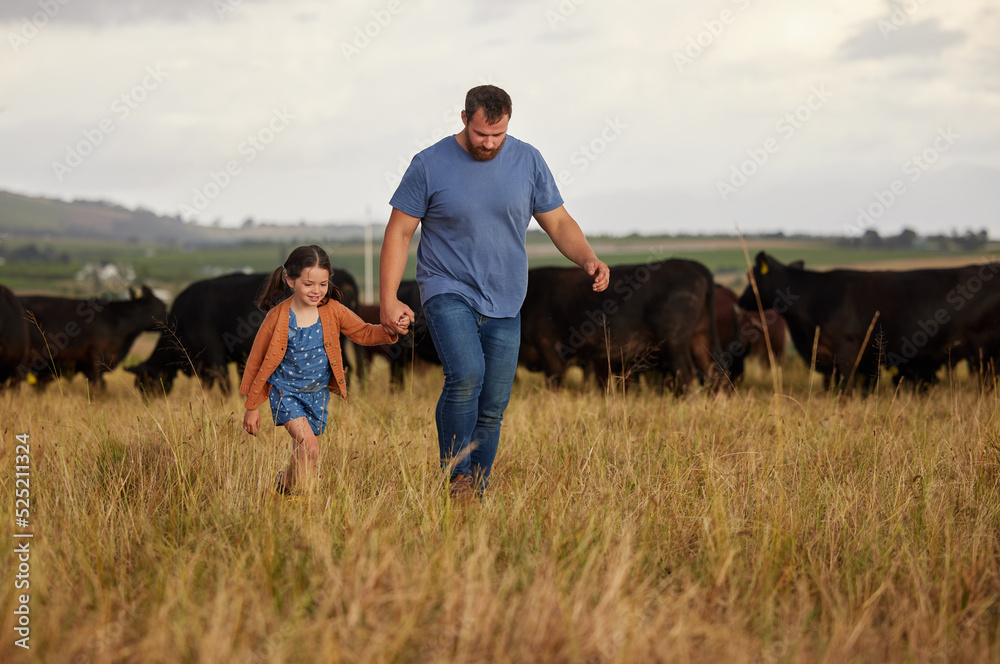 Farmer father, child or family with cows on a farm, grass field or countryside. Sustainability or environmental dad and girl with cattle in background for meat, beef or agriculture growth industry Farmer father, child or family with cows on a farm, grass field or countryside. Sustainability or environmental dad and girl with cattle in background for meat, beef or agriculture growth industry