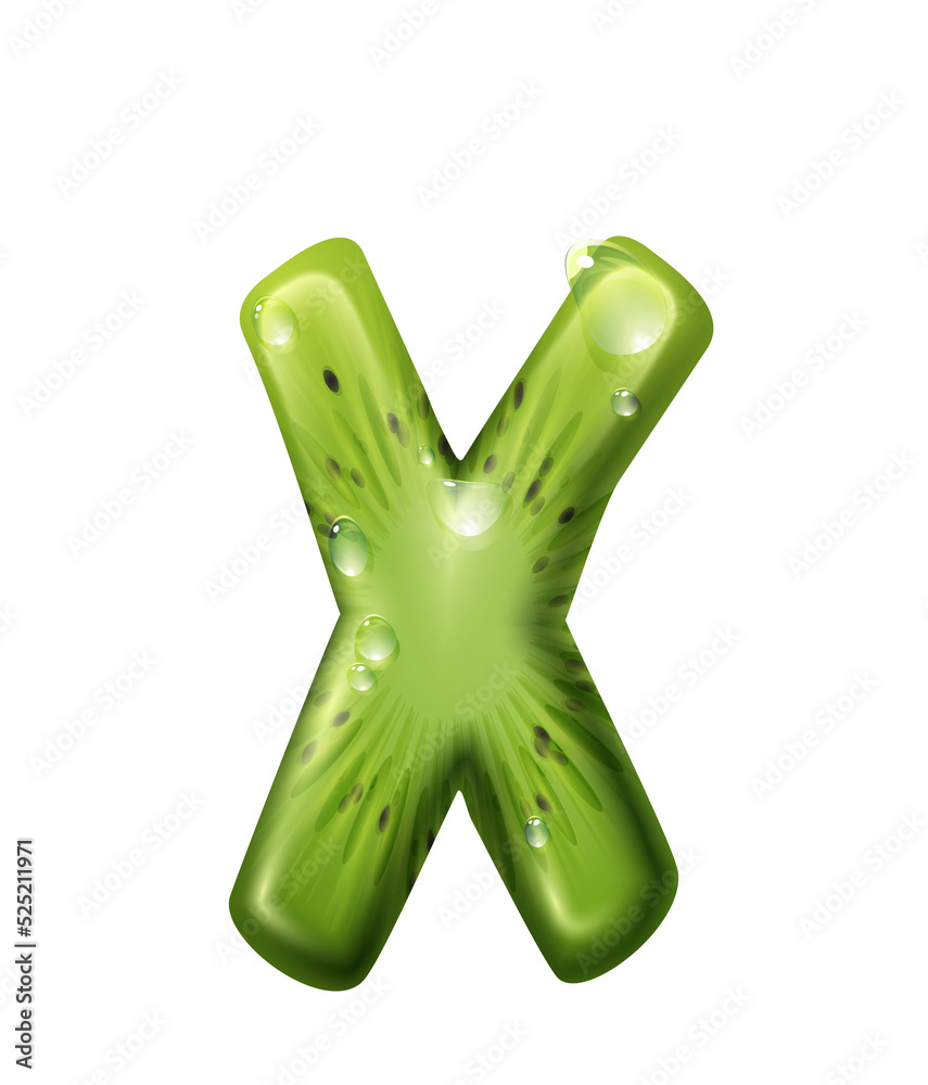 X letter of kiwi tropical fruit with water drops X letter of kiwi tropical fruit with water drops