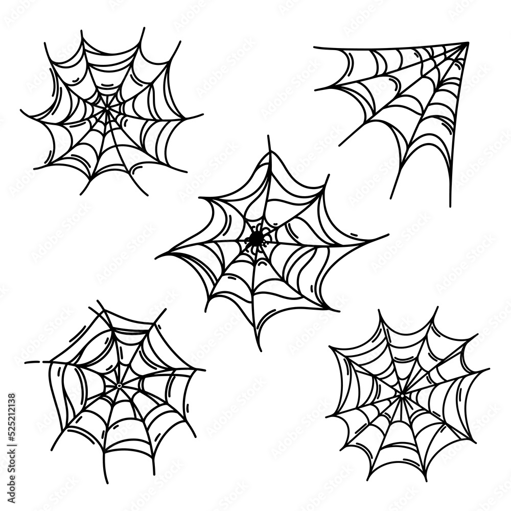 Spider web vector icon set. Old crooked spooky cobweb. Black outline, simple sketch isolated on white. Gossamer with an insect. Illustration for Halloween decor, holiday cards, invitations, art print Spider web vector icon set. Old crooked spooky cobweb. Black outline, simple sketch isolated on white. Gossamer with an insect. Illustration for Halloween decor, holiday cards, invitations, art print
