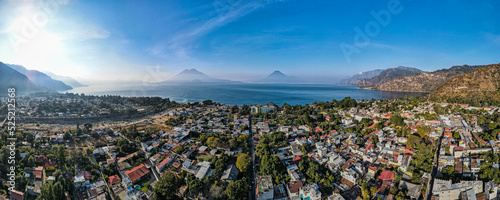 Beautiful aerial view of the Panajachel town next to the Atitlan lake in Guatemala.