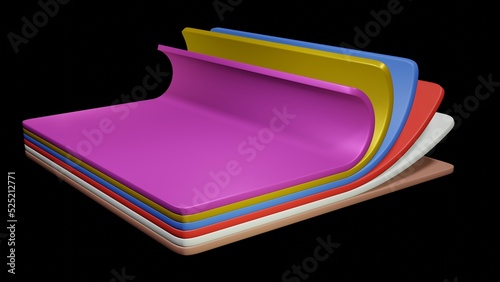 Flat sheets of colored materials stacked together. Thin colorful layers combined . Laminated surfaces , super materials , supermaterials. 3d illustration render photo