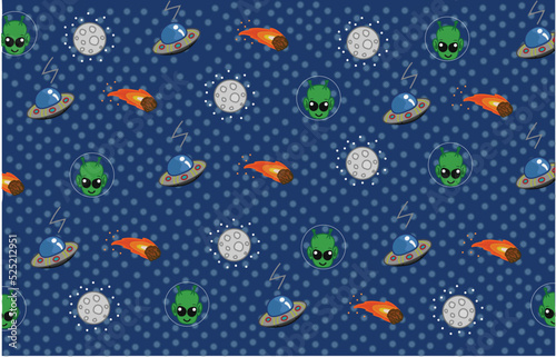 Alien spaceship moon meteor pattern blue background