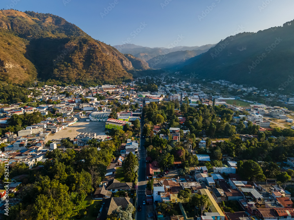 Beautiful aerial view of the Panajachel town next to the Atitlan lake in Guatemala.