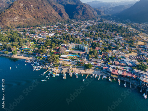 Beautiful aerial view of the Panajachel town next to the Atitlan lake in Guatemala. photo