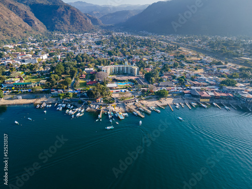 Beautiful aerial view of the Panajachel town next to the Atitlan lake in Guatemala. photo