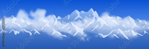 Mountain peaks in the clouds, panoramic view, vector illustration