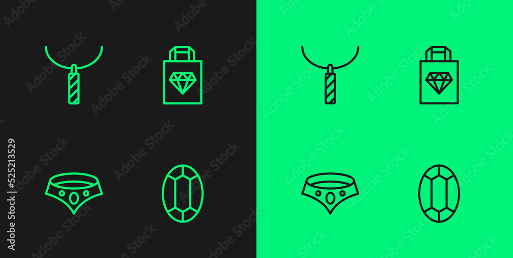 Set line Gem stone, Necklace, Pendant necklace and Shopping bag jewelry icon. Vector Set line Gem stone, Necklace, Pendant necklace and Shopping bag jewelry icon. Vector