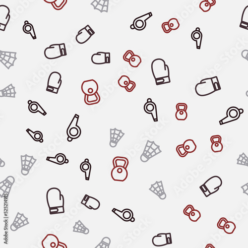 Set line Whistle, Boxing glove, Badminton shuttlecock and Weight on seamless pattern. Vector