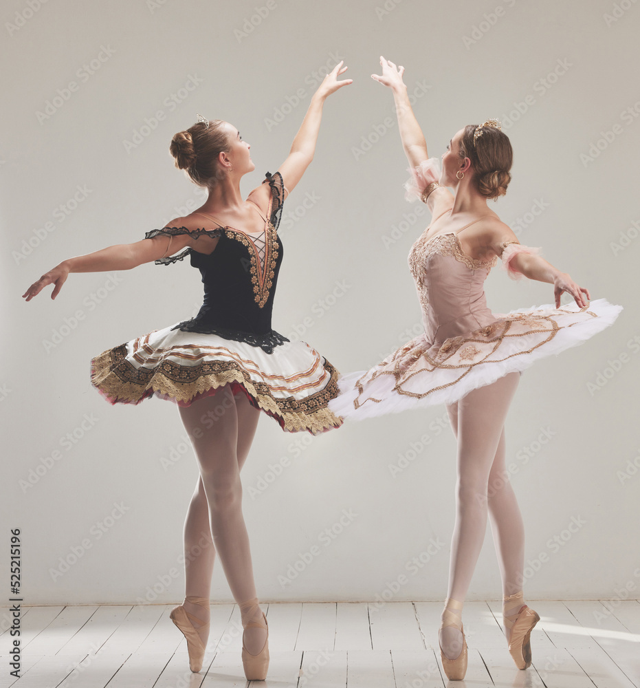 Ballerina, ballet dancer and creative performance, training rehearsal and  choreography with en pointe technique on toes in dance studio. Graceful,  elegant and beautiful women dancing in tutu costume Photos | Adobe Stock