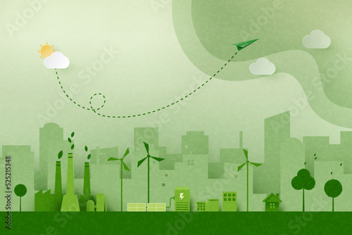 Green industry and alternative renewable energy.Green eco friendly cityscape background.Paper art of ecology and environment concept.