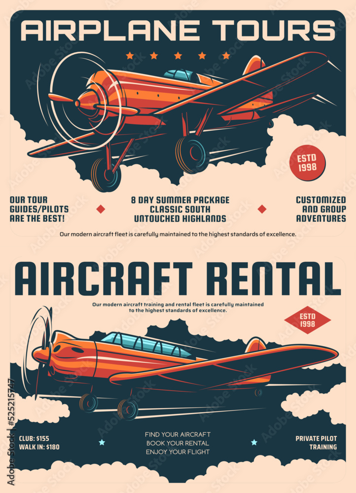 Aircraft rental and airplane tours retro posters. Airplane travel and tourist aviation flight
