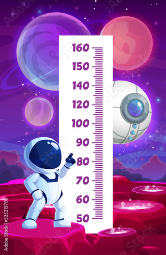 Kids height chart with cartoon astronaut on planet surface in space, vector growth measure ruler. Child height scale meter with spaceman character in spacesuit and alien galaxy planets or satellites