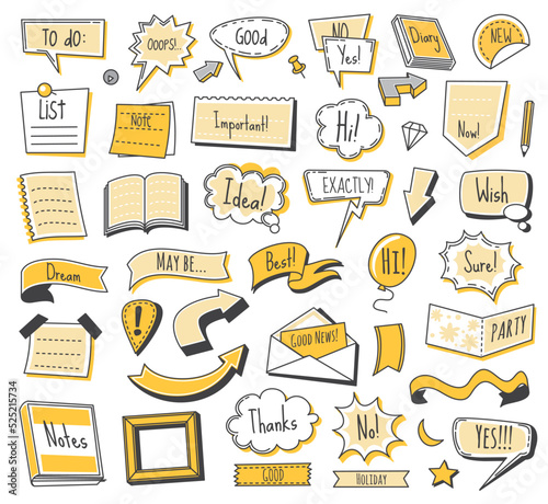 Bullet journal doodle diary calendar banners, ribbons, frames and arrows, vector elements. Journal bullet stickers and memo notes, notebook planner labels and reminders, catalogue doodle banners