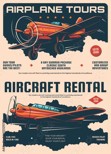 Aircraft rental and airplane tours retro posters. Airplane travel and tourist aviation flight tours vector banners. Pilot training club or school flyer with vintage propeller plane flying in clouds
