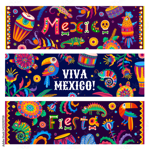 Viva Mexico, brazilian fiesta holiday banners. Vector mexican toucan and parrot birds, chameleon and gecko lizards, Brazil flowers, plants, drums and turtles with Dia de los Muertos sugar skulls