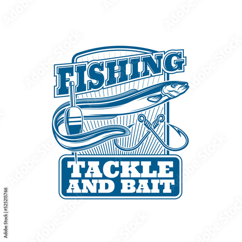 Fishing icon with eel and hooks, fisher rod hook and fish catch vector symbol. Fishing sport tournament or angling club badge with eel fish, tackles and baits, lure and bobber float