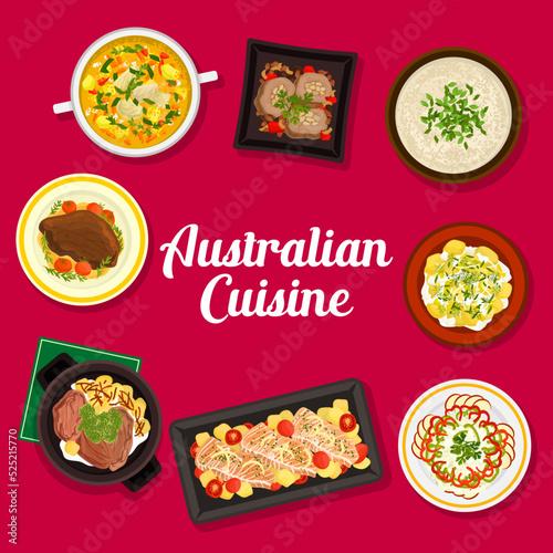 Australian cuisine bbq restaurant menu cover, vector dishes of grilled meat and fish, vegetable fruit salad and mushroom soup. Frame of potato casserole, kangaroo and beef steaks with barbecue sauce