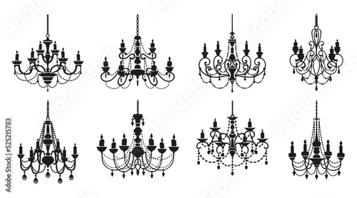 Chandelier silhouettes, candelabra with candlesticks and crystal lamp lights, vector icons. Vintage baroque chandelier lamps or royal lampshades with candles and crystal pendants in black silhouettes photo
