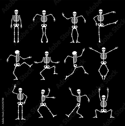 Skeleton dance animated game sprite. Vector set of funny halloween characters in different poses. Cute creepy personage with skeleton dancing, jumping, squatting and playing sequence animation