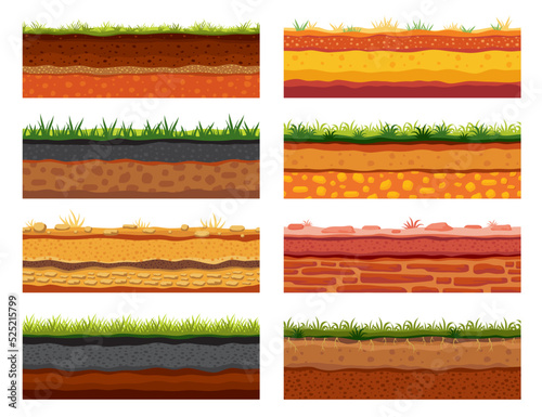Soil ground layer, game level surface cartoon backgrounds. Game soil textures, surface underground layers structure with stones, clay and sand. Soil patterns with grass background, vector game asset