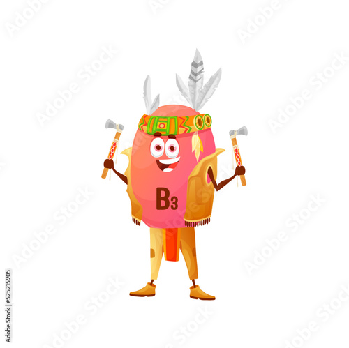 Cartoon vitamin B3 indian chief. Isolated vector Niacin micronutrient character, native american wild west personage in feather tribal headband and cherokee costume hold axes in hands