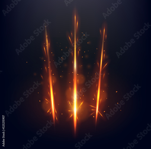 Fiery claw marks and scratches. Vector glowing traces of monster, predator nail trails with fire and sparks. Wild animal paws talon rips or sherds. Dragon or beast breaks, realistic 3d mark slashes photo