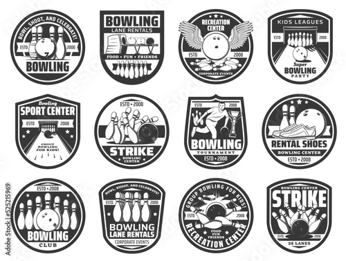 Bowling club ball icons, team strike pin game, vector tournament competition, league badges. Ninepin bowling sport game emblems of ball with wings and champion cup, lane rentals entertainment center