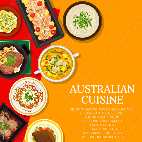 Australian cuisine food vector menu cover with bbq meat, fish and vegetable dishes. Grilled steaks of kangaroo and beef, potato casserole, mushroom soup and fruit salad, barbecue sauce and beef rolls