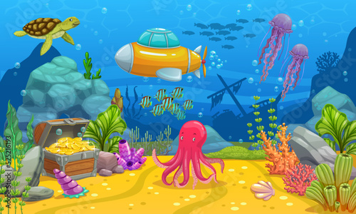 Fototapeta Naklejka Na Ścianę i Meble -  Underwater game landscape with submarine and sunken ship. Cartoon vector seascape background with treasure chest full of golden coins, octopus, turtle, jellyfish, corals and seaweed on sandy bottom