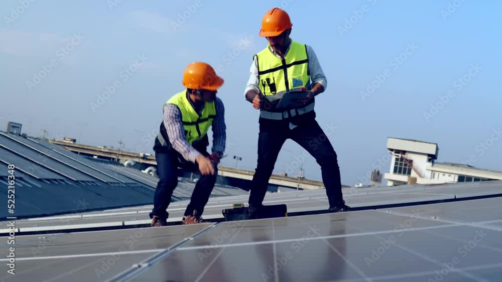 Service Engineers inspecting factory roof solar installations in the morning Silhouette technicians inspect and repair solar cells on factory roof. Service Engineers inspecting factory roof solar installations in the morning Silhouette technicians inspect and repair solar cells on factory roof.